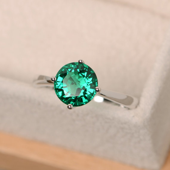 Emerald Ring, Brilliant Cut, Solitaire Ring, Sterling Silver, Solitaire Emerald Ring