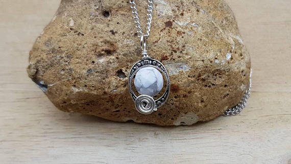 Small Howlite Pendant. White Crystal Reiki Jewelry Uk. Gemini Jewelry. Minimalist Oval Frame Silver Plated Wire Wrap Necklace