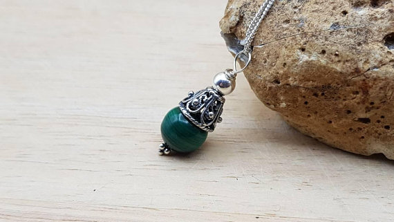 Minimalist Cone Green Malachite Pendant Necklace. Crystal Reiki Jewelry Uk.  Filigree Bali Silver Bead Necklaces For Women