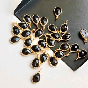 Shop Onyx Faceted Beads! 11-13mm Black Onyx Faceted Pear Shape Connectors, Single Loop Flat Back 925 Silver with Gold Polish Bezel Findings (5Pcs To 25Pcs Options) | Natural genuine faceted Onyx beads for beading and jewelry making.  #jewelry #beads #beadedjewelry #diyjewelry #jewelrymaking #beadstore #beading #affiliate #ad