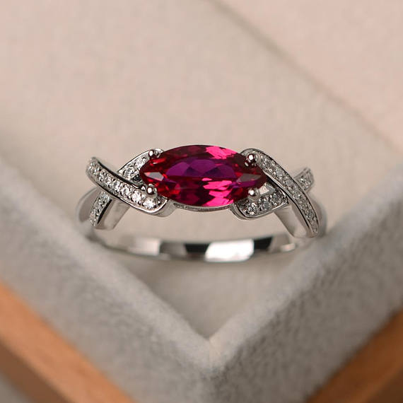 Wedding Ring, Ruby Ring, July Birthstone Ring, Marquise Cut Red Gemstone, Sterling Silver Ring