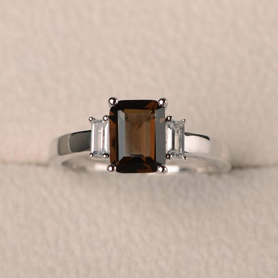 Cocktail Party Ring, Natural Smoky Quartz Ring, Emerald Cut Brown Gemstone, Sterling Silver Ring