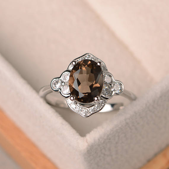 Halon Smoky Quartz Cocktail Ring, Oval Shape Brown Stone Statement Ring,valentine Day Gift