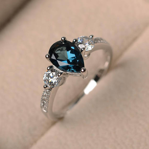London Blue Topaz Ring, Wedding Ring, Blue Gemstone Ring, Pear Cut Gemstone, Sterling Silver Ring