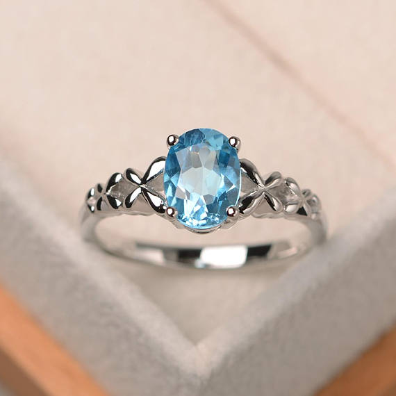 Swiss Blue Topaz Ring, Engagement Ring, Oval Cut Blue Gemstone, Sterling Silver Ring