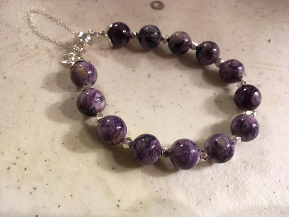 Charoite Bracelet - Purple Gemstone Jewellery - Sterling Silver Jewelry - Safety Chain - Butterfly Charm