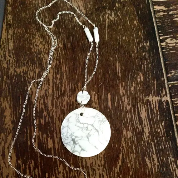 White And Gray Necklace - Howlite Jewelry - Long Gemstone Jewellery - Pendant - Flower - Sterling Silver