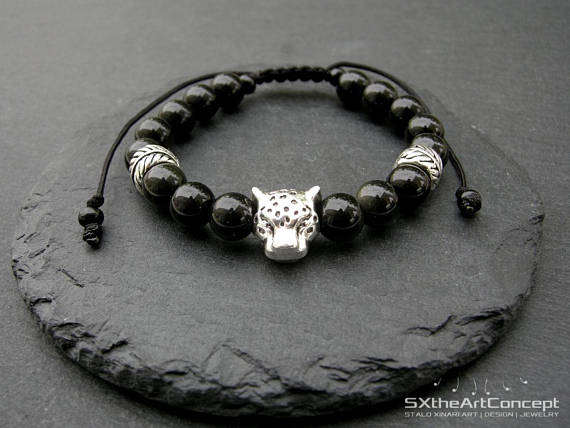 Black Obsidian Bracelet, Mala Cuff, Protective Stone, Power Stacking Wristband, Leopard Bangle, Yoga Reiki Man Gift, For Him, Men Jewelry