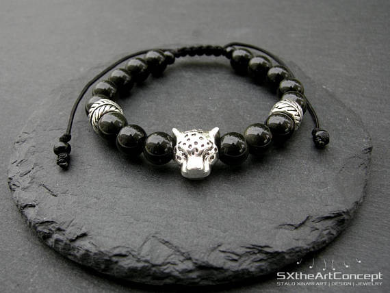 Black Obsidian Bracelet, Leopard Bangle, Protective Stone, Adjustable Stacking Wristband, Unisex Jewelry