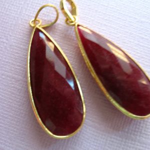 Ruby Gemstone Pendant Charm, Bezel Gem Pendant / 24k Plated Sterling Silver, 41×16 mm, Long Drop Tear Drop Teardrop gcp5 july gp ll | Natural genuine other-shape Gemstone beads for beading and jewelry making.  #jewelry #beads #beadedjewelry #diyjewelry #jewelrymaking #beadstore #beading #affiliate #ad