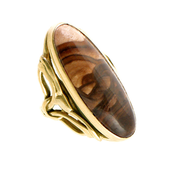 14k Gold & Picture Jasper Ring - Handcrafted Knuckle Length - Size 6.25