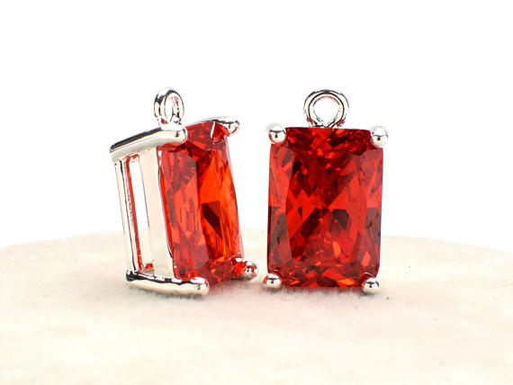 2 Rectangle Red Zircon Pendant, 14mm, Silver Plated Over Brass Prong Setting. [r1180291]