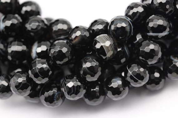 Black Stripe Agate Faceted Round Beads 4mm 6mm 8mm 10mm 12mm 15.5" Strand