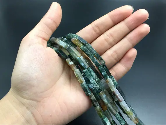 Moss Agate Rectangle Beads Natural Agate Tube Beads Green Gemstone Tube Beads 4x14mm High Quality Jewelry Supplies Bulk Wholesale