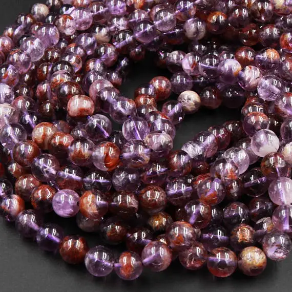 Super 7 Crystal Element Natural Phantom Amethyst Cacoxenite Round Beads 4mm 6mm 8mm 10mm 12mm 14mm Powerful Healing Stone Rock 15.5" Strand