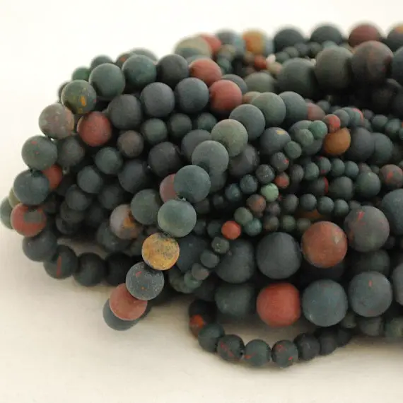 Natural Bloodstone Semi-precious Gemstone Frosted / Matte Round Beads - 4mm, 6mm, 8mm, 10mm Sizes - 15" Strand