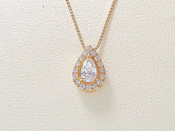 Pear Diamond Necklace In 14k Yellow Gold | Pear Shaped Diamond Necklace | Halo Diamond Necklace |