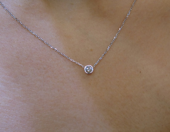 Diamond Necklace /  14k White Gold Diamond Solitaire Bezel Necklace 0.20ct /solitaire Diamond Pendant/floating Diamond/gold Diamond Necklace