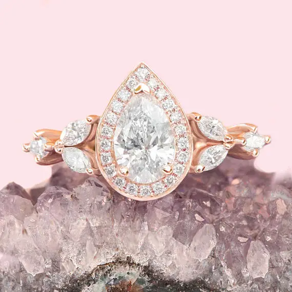 Pear Diamond 1.0ct Unique Engagement Ring, Pear Diamond Halo Unique Engagement Ring, Gia Certificate, Marquise Side Diamonds - Muse
