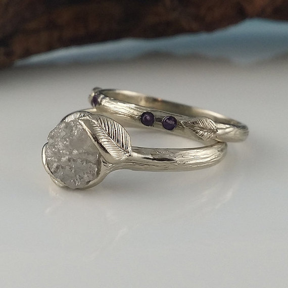Leaf And Twig Rough Diamond Engagement Ring Set With 4 Gemstones, Wedding Ring Set, White Silvery Unique Wedding Ring By Dawn Vertrees