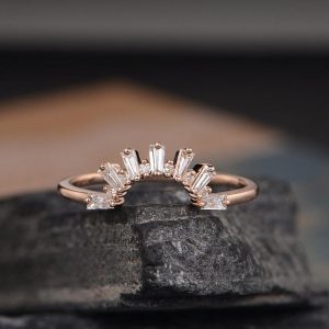 Baguette Diamond Wedding Band Woman Rose Gold Curved Band Chevron Stacking Matching Custom Ring Delicate Bridal Promise Anniversary Gift | Natural genuine Gemstone rings, simple unique alternative gemstone engagement rings. #rings #jewelry #bridal #wedding #jewelryaccessories #engagementrings #weddingideas #affiliate #ad