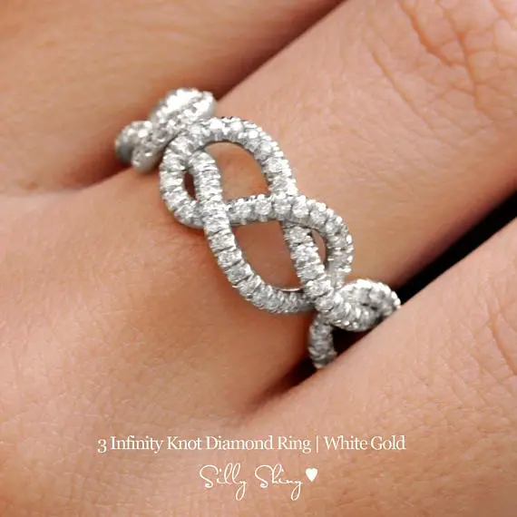 Infinity Celtic Love Knot Diamond Ring, Triple Figure 8 Knot Ring, 14k White Gold 0.75 Ct Diamond Wedding Band, New Mom, Art Deco Ring,