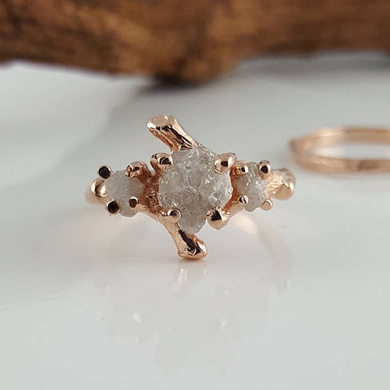 Rough Uncut Three Diamond Twig Engagement Ring, Diamond Branch Style Bridal Set, Custom Made-to-order, Hand Sculpted By Dawn Vertrees