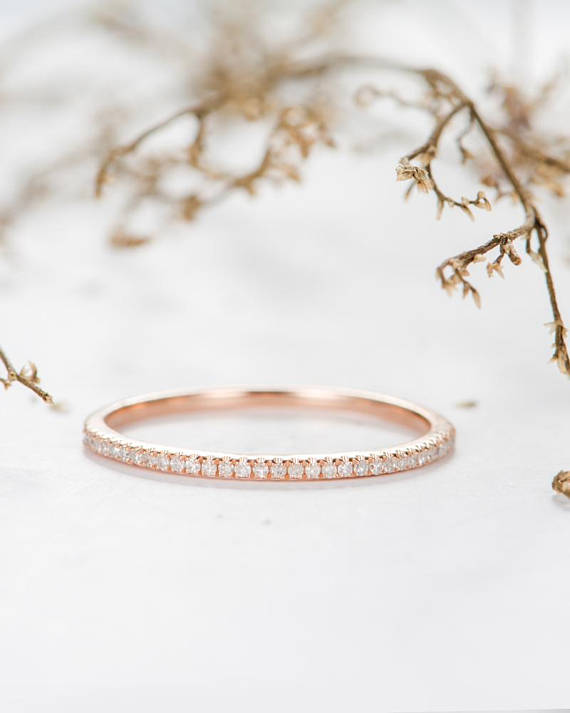Rose Gold Diamond Wedding Band Half Eternity Women Stackable Ring Minimalist Delicate Matching Ring Dainty Bridal Promise Anniversary Gift
