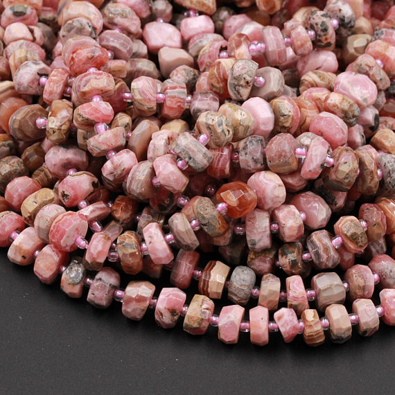 Large Faceted Rhodochrosite Rondelle 8mm 10mm 12mm Beads 15.5" Strand