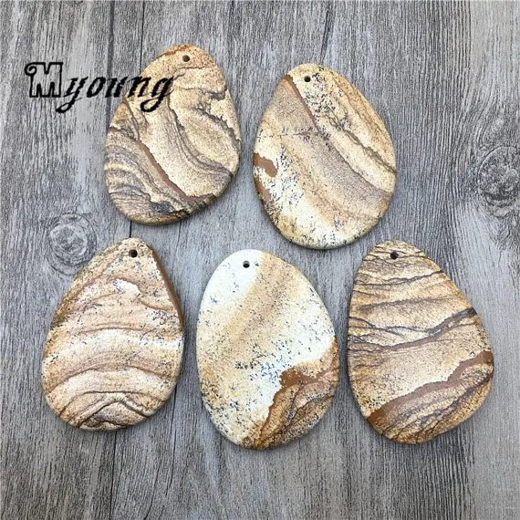 Freeform Picture Jasper Slice Pendant Beads, Drilled Picture Stone Slab Charms,  Gp040318
