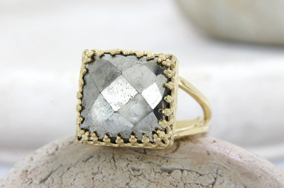 Gold Pyrite Ring · Gemstone Ring · Square Ring · Bridal Ring · Wedding Ring · Brides Gift · Birthday Ring · Bridal Jewelry