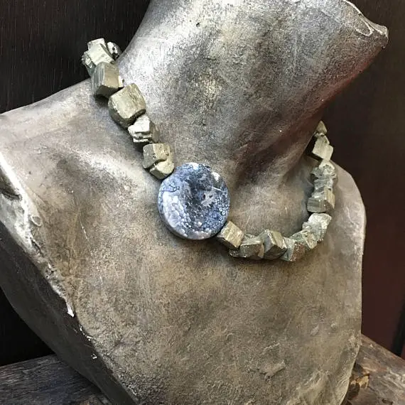 Large Raw Pyrite Necklace, Evening Pyrite Necklace, Pyrite Nuggets, Gemstones Necklace, Pyrite Statement Necklace, Blue Agate Coin Stone.