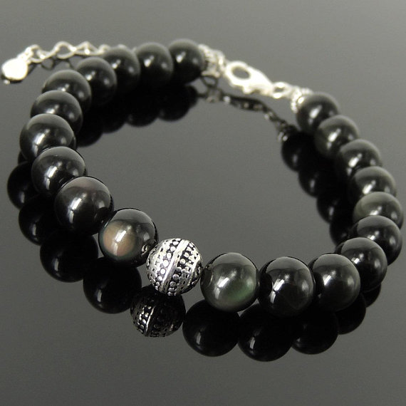 Mens Womens Rainbow Black Obsidian Bracelet Protection Stones Decorative Energy Bead Sterling Silver Adjustable Clasp Chain Diynotion Br1398