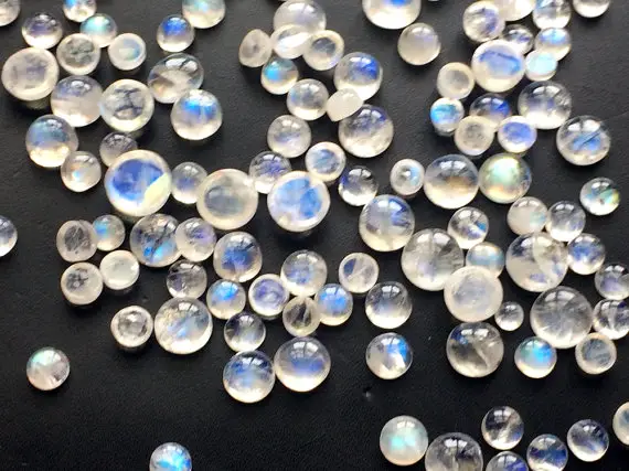 5-10mm  Rainbow Moonstone Round Cabochons, Loose Flat Back Rainbow Moonstone, Blue Fire Gems For Jewelry (5pcs To 25pcs Options) - Krs277