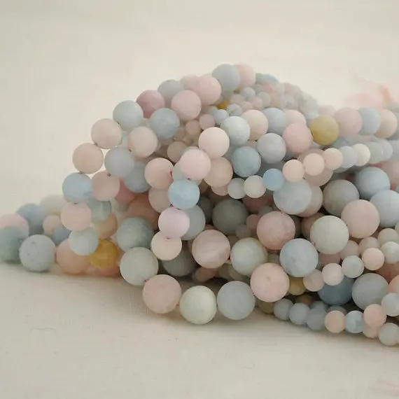 High Quality Grade A Natural Beryl / Morganite Semi-precious Gemstone Frosted Matte Round Beads - 4mm, 6mm, 8mm, 10mm - 15" Strand