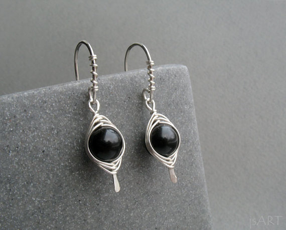 Black Obsidian Sterling Silver Earrings, Dangle Wire Wrapped Black Gemstone Earrings, Gift For Her, Base Chakra Stone, Obsidian Jewelry