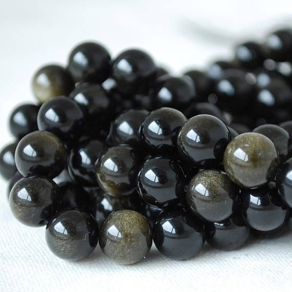 Golden Sheen Black Obsidian Round Beads - 4mm, 6mm, 8mm, 10mm, 12mm Sizes - 15" Strand - Natural Semi-precious Gemstone
