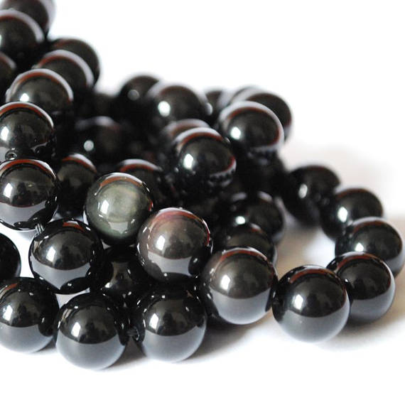 Natural Rainbow Sheen Black Obsidian Semi-precious Gemstone Round Beads - 4mm, 6mm, 8mm, 10mm, 12mm Sizes - 15" Strand
