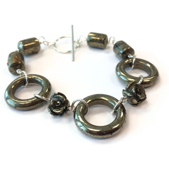 Pyrite Bracelet - Sterling Silver Jewelry - Fools Gold Jewellery - Gemstone - Flower - Rose - Trendy - Fashion - Mixed Metal B-262