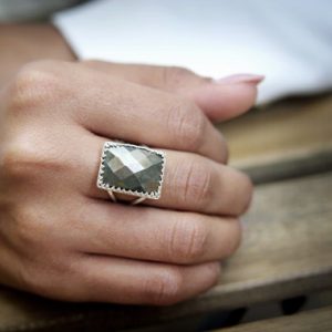 Pyrite Ring · Rectangular Ring · Large Ring · Big Ring · Statement Ring · Grey Ring · Silver Ring · Gemstone Ring · Faceted Ring | Natural genuine Gemstone rings, simple unique handcrafted gemstone rings. #rings #jewelry #shopping #gift #handmade #fashion #style #affiliate #ad