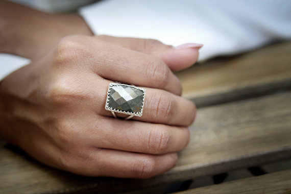 Pyrite Ring · Rectangular Ring · Large Ring · Big Ring · Statement Ring · Grey Ring · Silver Ring · Gemstone Ring · Faceted Ring