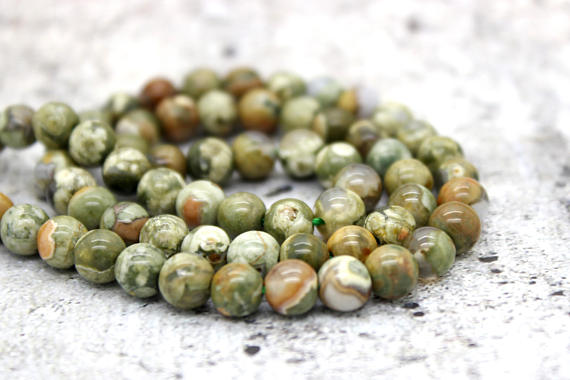 Natural Jasper Beads, Rhyolite Green Rain Forest Jasper Smooth Loose Round Gemstone Beads (4mm 6mm 8mm 10mm) - Pg09