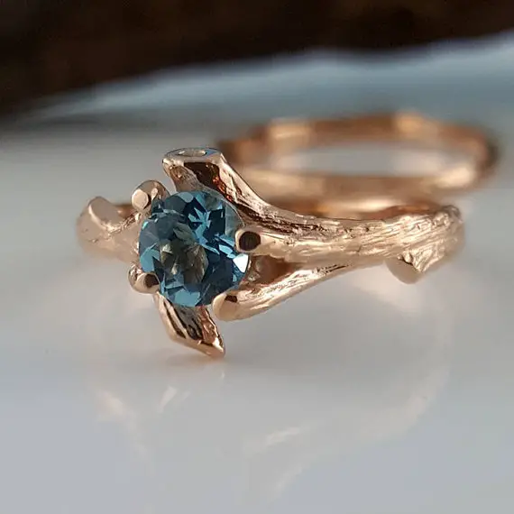 Rose Gold Gemstone Engagement Ring Set - Blue Topaz Twig Bridal Ring Set, Branch Birthstone Promise Ring, Engagement Rings, Custom Jewelry