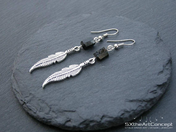 Black Tourmaline Raw Feather Dangling Earrings, Silver Boho Chic Jewellery, Earthy Women Jewelry, Emf Protection Stone, Yoga Gift, For Her