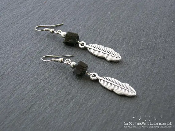 Black Tourmaline Dangling Earrings, Boho Chic Style Jewelry, Emf Protection Stone