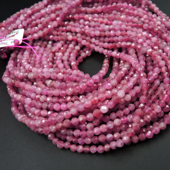 Aaa Micro Faceted Natural Pink Tourmaline Faceted 2mm 3mm 4mm 5mm Round Beads Diamond Cut Gemstone 15.5" Strand