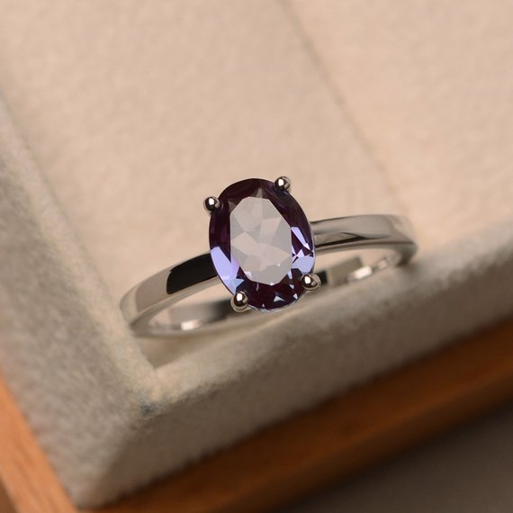 Color Changing Alexandrite Ring, Oval Cut Silver Ring, Solitaire Ring, Anniversary Ring