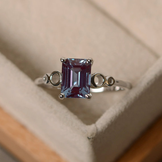 Lab Alexandrite Ring, Sterling Silver, Solitaire Rings, Emerald Cut Alexandrite Ring