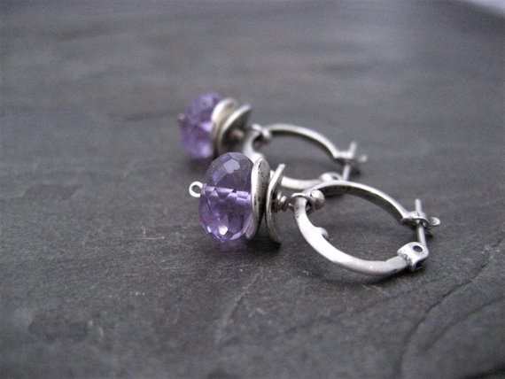 Amethyst Earrings, Small Hoops, Dangle Earrings, Genuine Amethyst, Rondelle Drop, Lavender Purple, Faceted Bead, Handmade