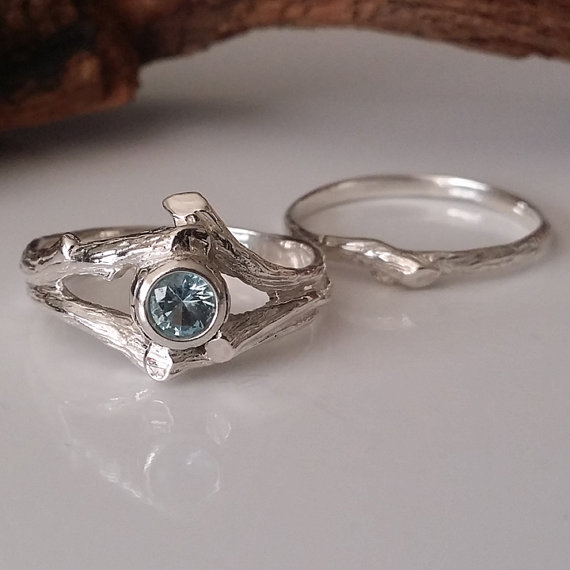 14k Gold Twig Style Engagement Ring, Blue Aquamarine Wedding Band Set, Bridal Set, Branch, Nature, Tree Style By Dawn Vertrees